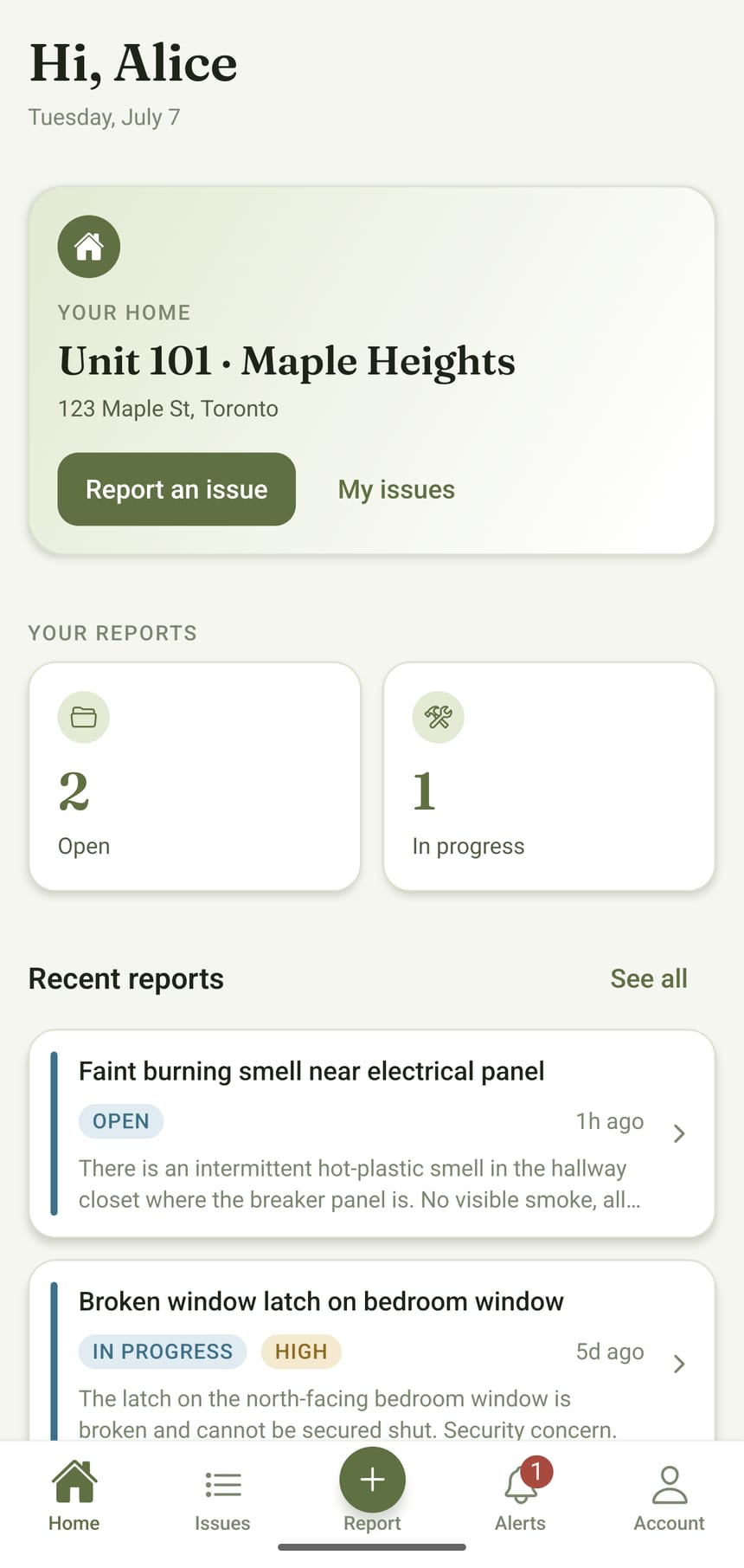 The Vivica tenant app home screen with the tenant’s unit, report shortcuts and recent reports.